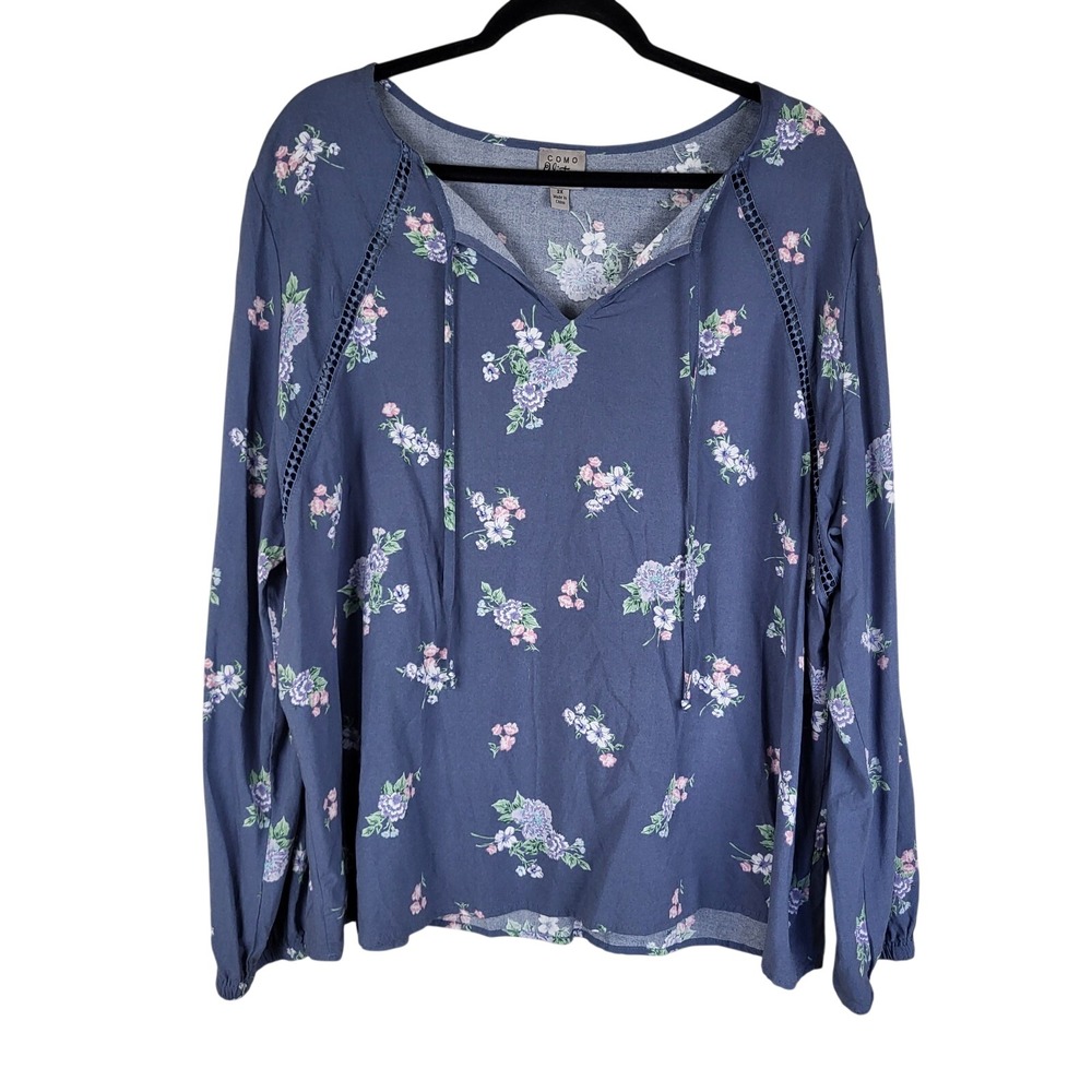Como Vintage Floral Top Women's Plus Sz 2X Blue Tassled Boho Beach Lightweight